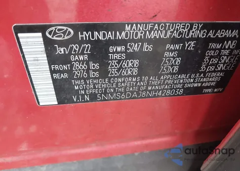 2022 Hyundai Santa Fe Sel z USA, uszkodzony, nr VIN 5NMS6DAJ8NH428038